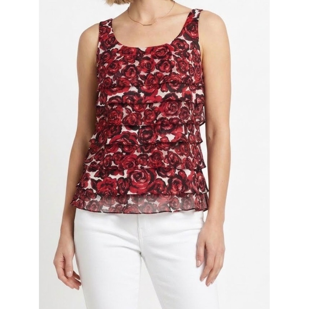 White House Black Market Red Rose Floral Tiered Ruffle Sleeveless Top Small